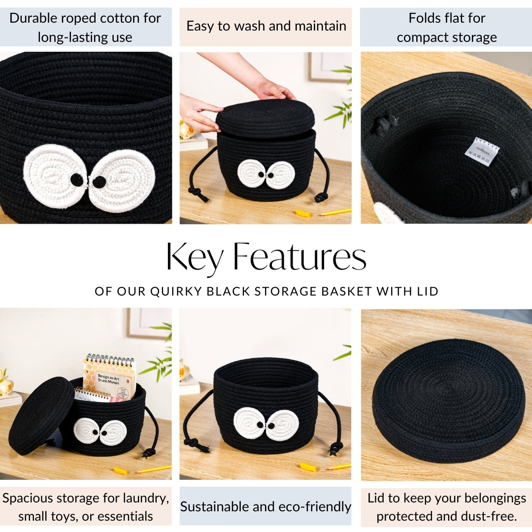 Googly Eyes Black Storage Basket With Lid 17cm
