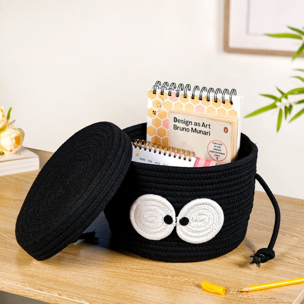 Googly Eyes Black Storage Basket With Lid 17cm