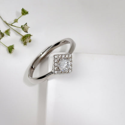 Silver Zircon Symmetry Square Ring