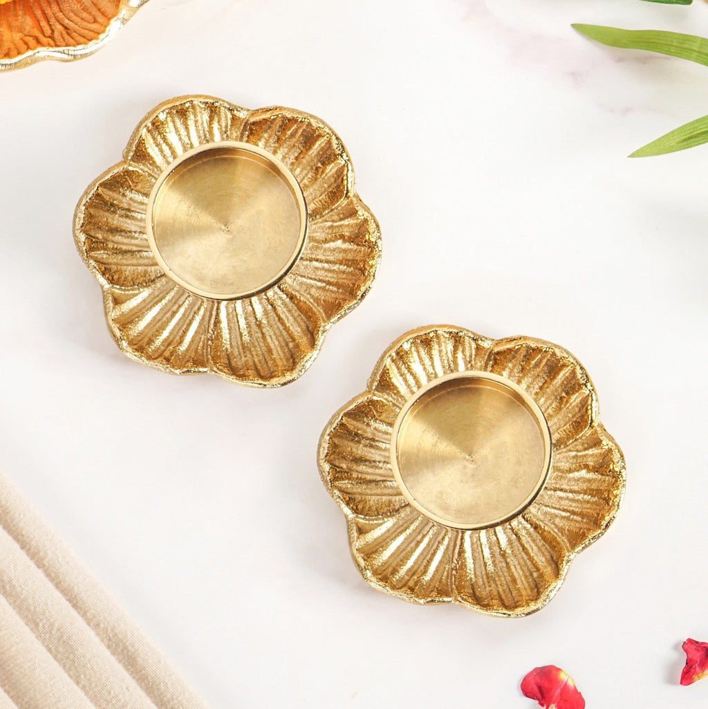 Radiant Bloom Aluminium Tealight Holder Set Of 2 In Festive Gift Box