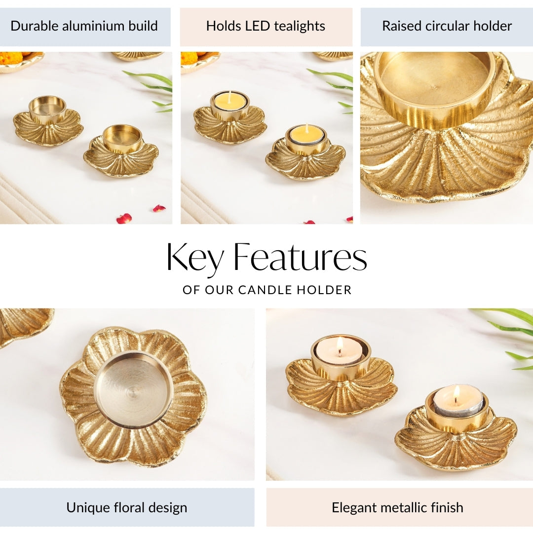 Radiant Bloom Aluminium Tealight Holder Set Of 2 In Festive Gift Box