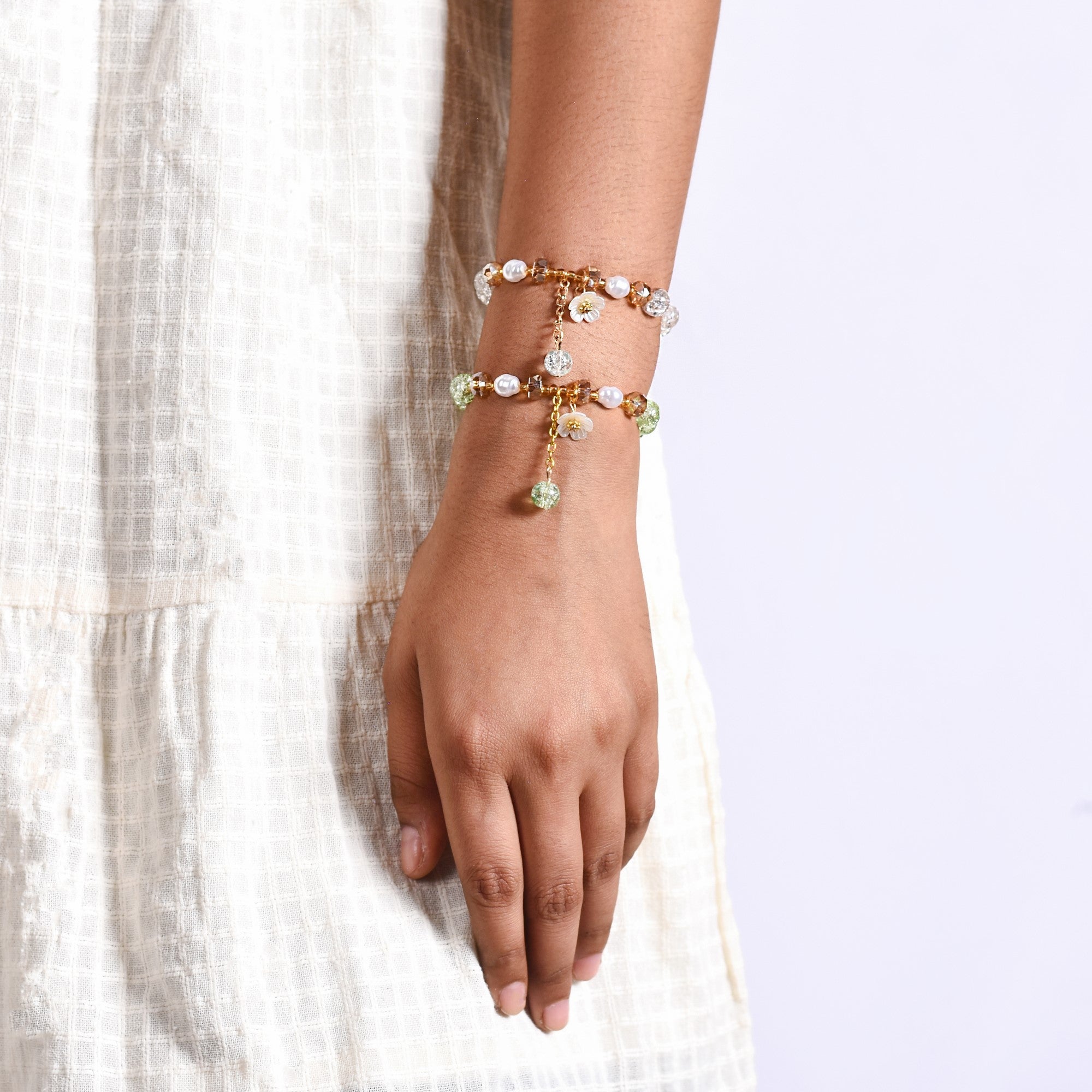 Crystal Charm Bracelet With Flowers Set Of 2