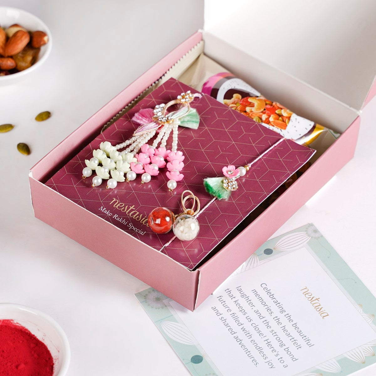 Pastel Floral Couple Rakhi Set Of 4 With Gift Box And Card