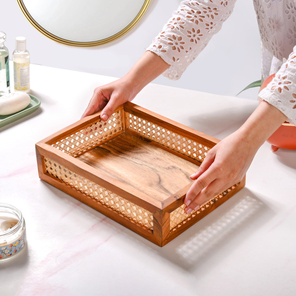 Cane Rectangular Wooden Tray