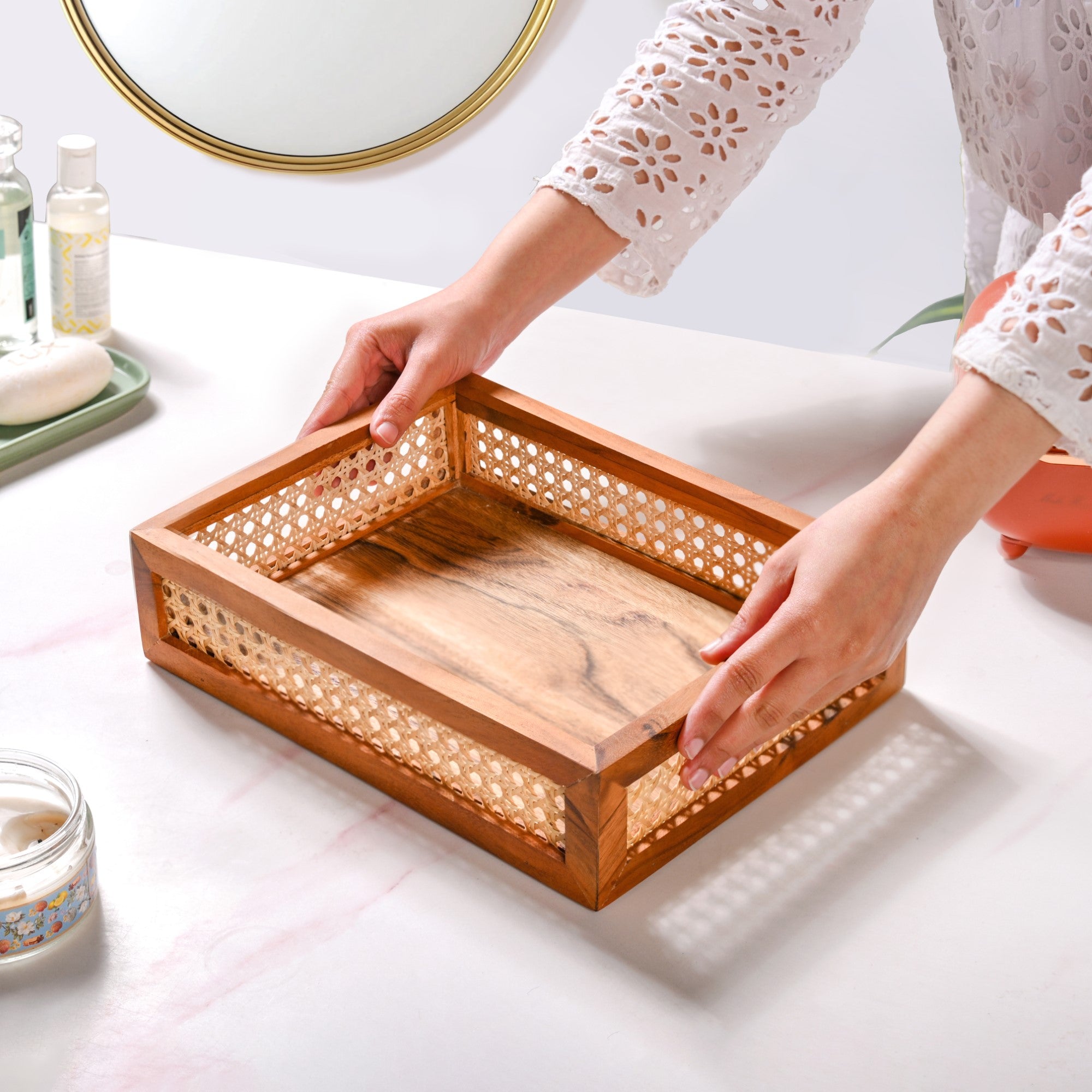 Cane Rectangular Wooden Tray