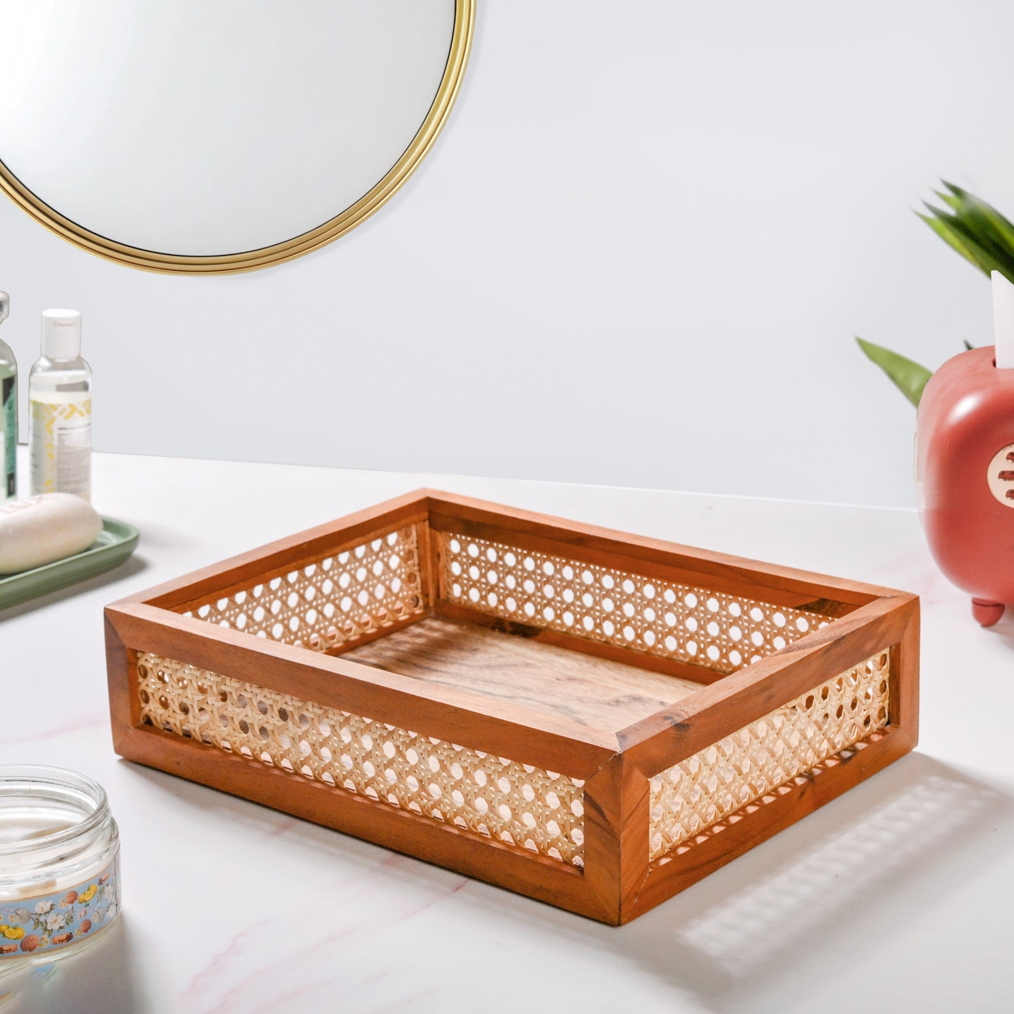 Cane Rectangular Wooden Tray