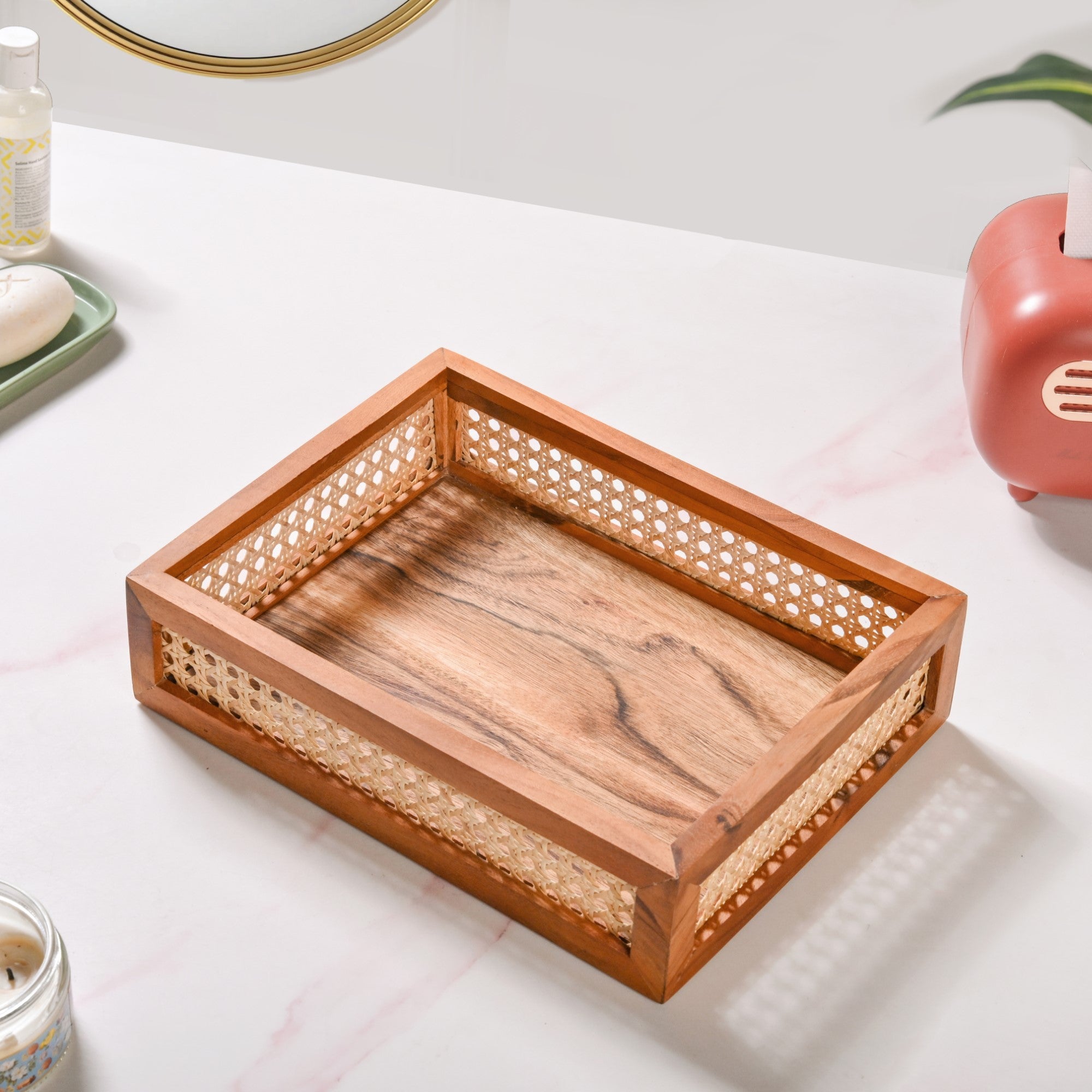 Cane Rectangular Wooden Tray