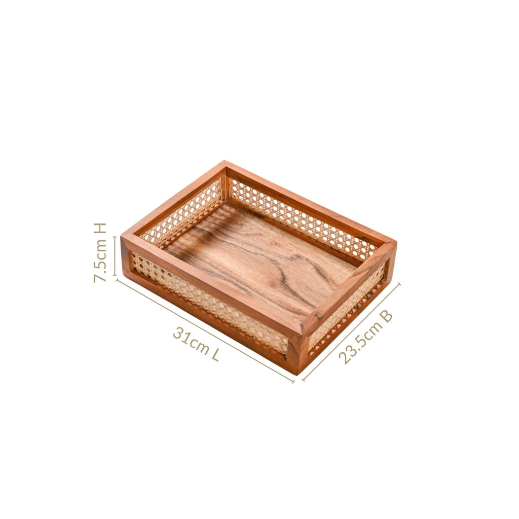 Cane Rectangular Wooden Tray