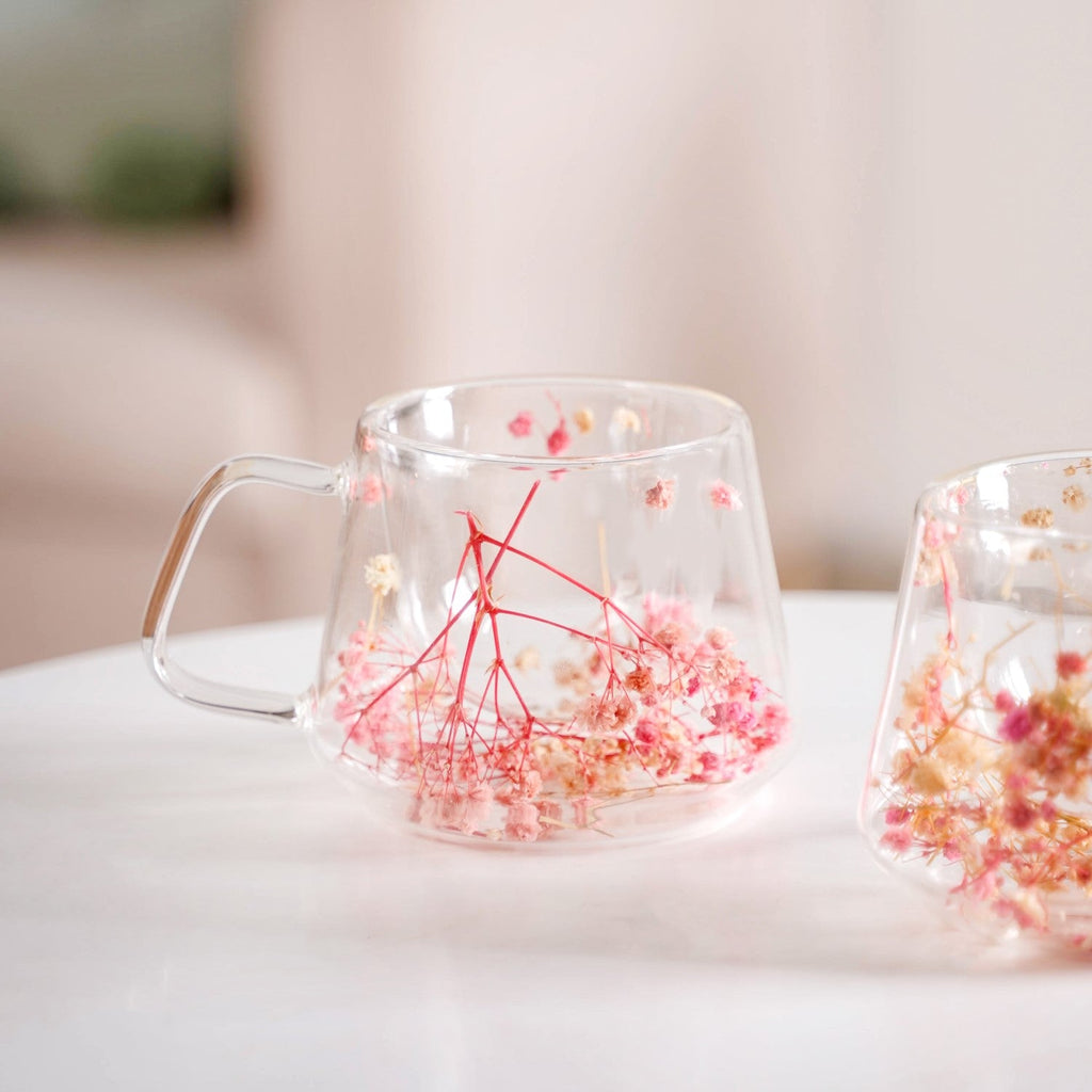 Real Flower Inside Double Wall Glass Cup Set Of 2 180ml