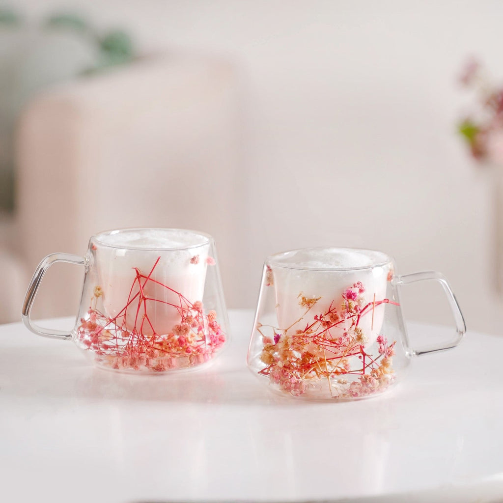 Real Flower Inside Double Wall Glass Cup Set Of 2 180ml
