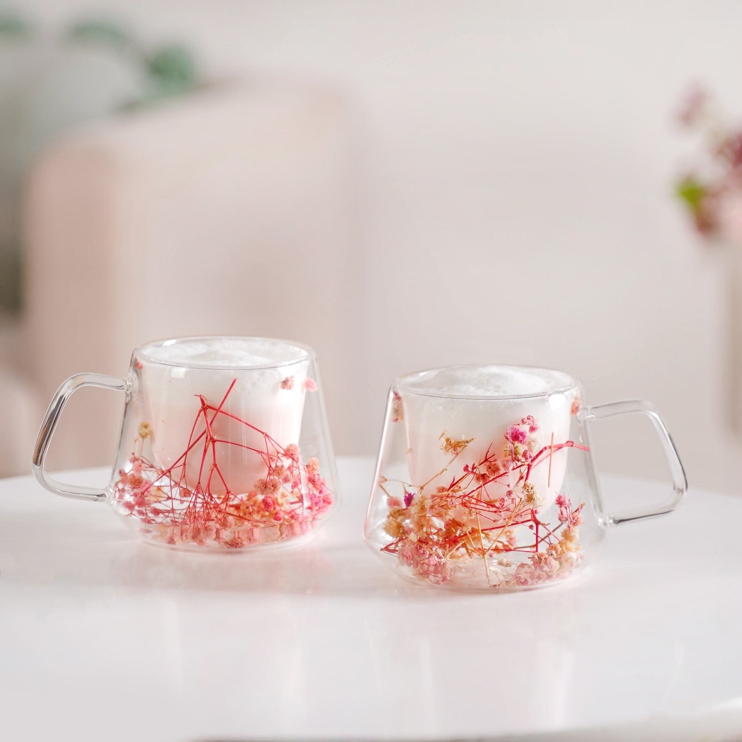 Real Flower Inside Double Wall Glass Cup Set Of 2 180ml