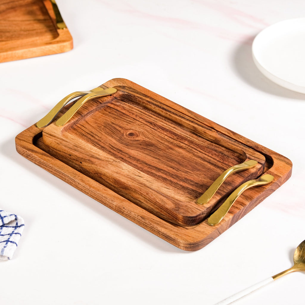Rectangle Wooden Serving Tray With Gold Handles Set Of 2