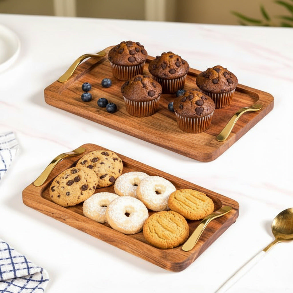 Rectangle Wooden Serving Tray With Gold Handles Set Of 2