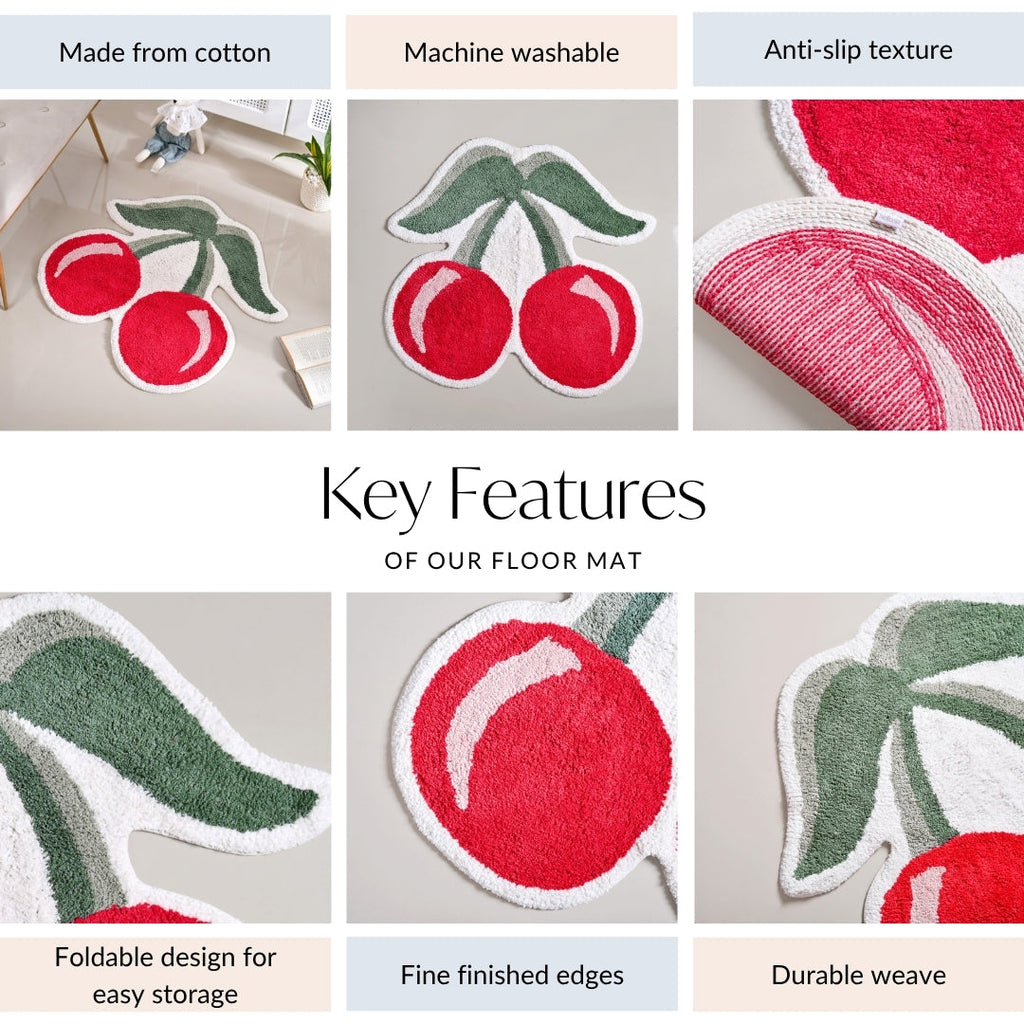 Red Cherry Tufted Cotton Anti Slip Floor Mat 77x73cm
