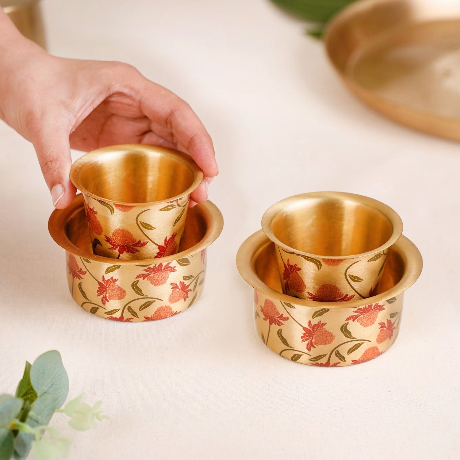 Chrysanthemums Pure Brass Filter Coffee Dabara Set For 2 With Gift Box