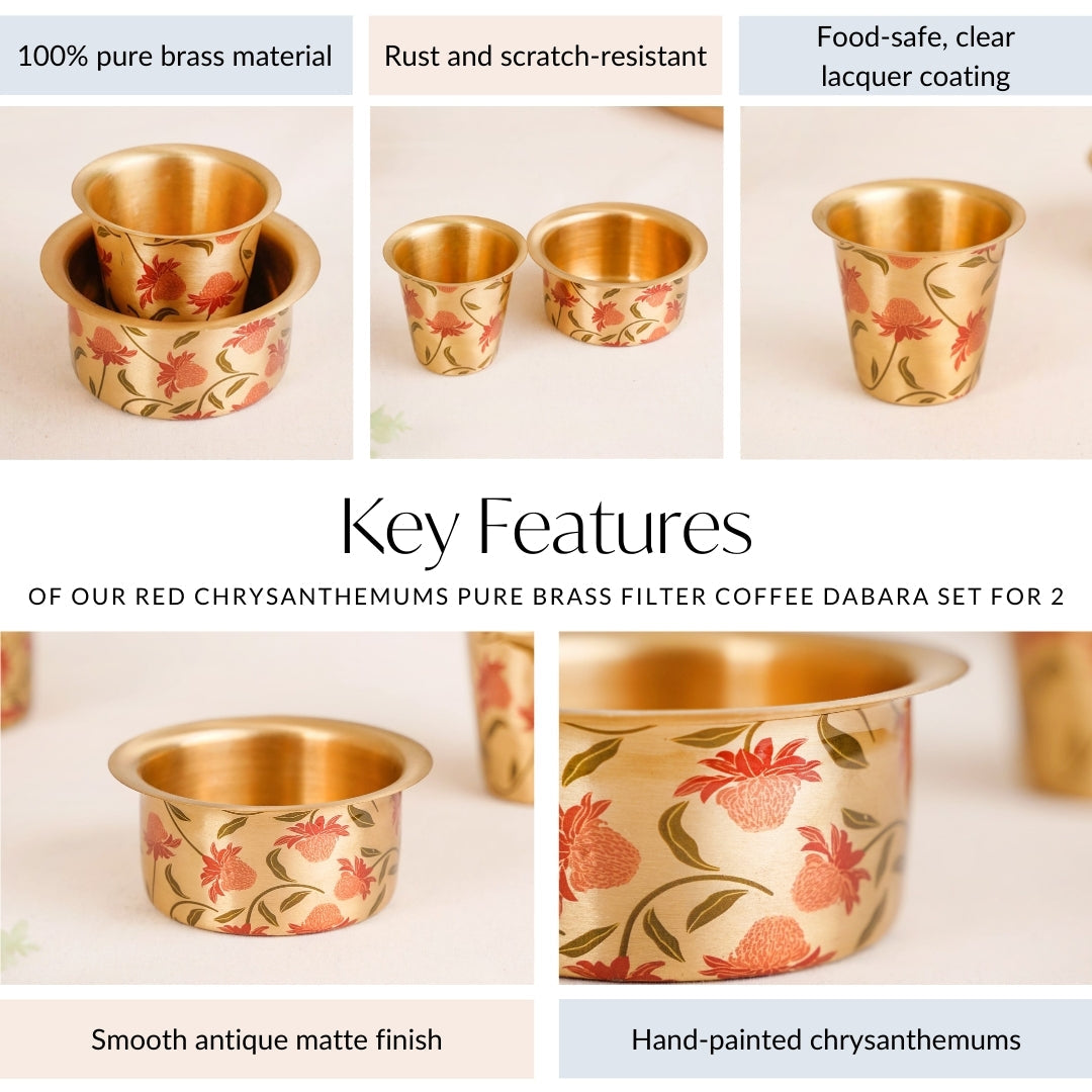 Chrysanthemums Pure Brass Filter Coffee Dabara Set For 2 With Gift Box