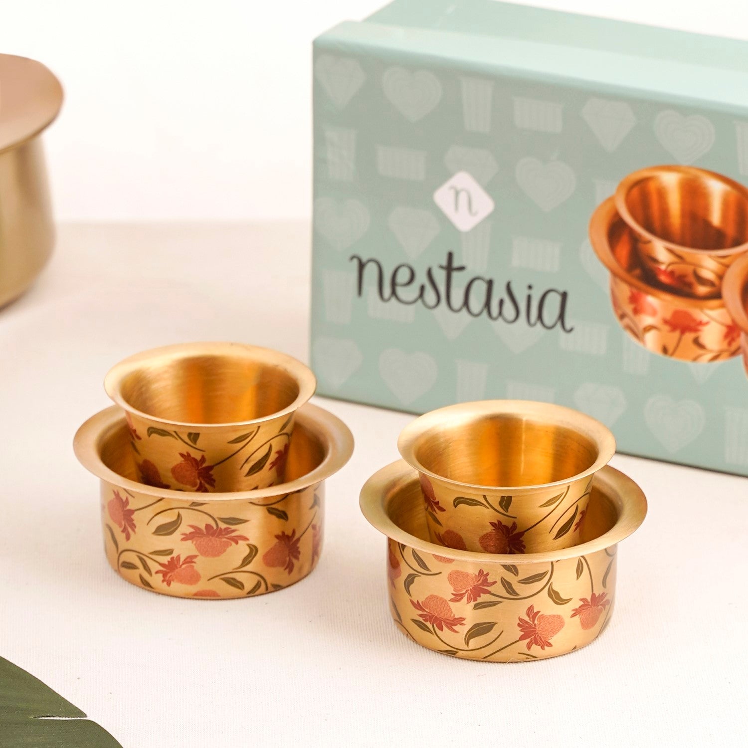 Chrysanthemums Pure Brass Filter Coffee Dabara Set For 2 With Gift Box