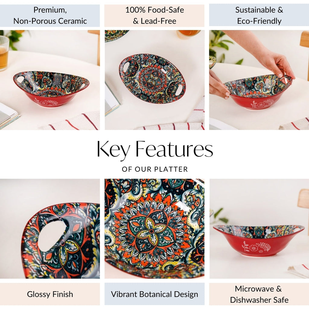 Red Mystic Mandala Ceramic Long Dish 400ml