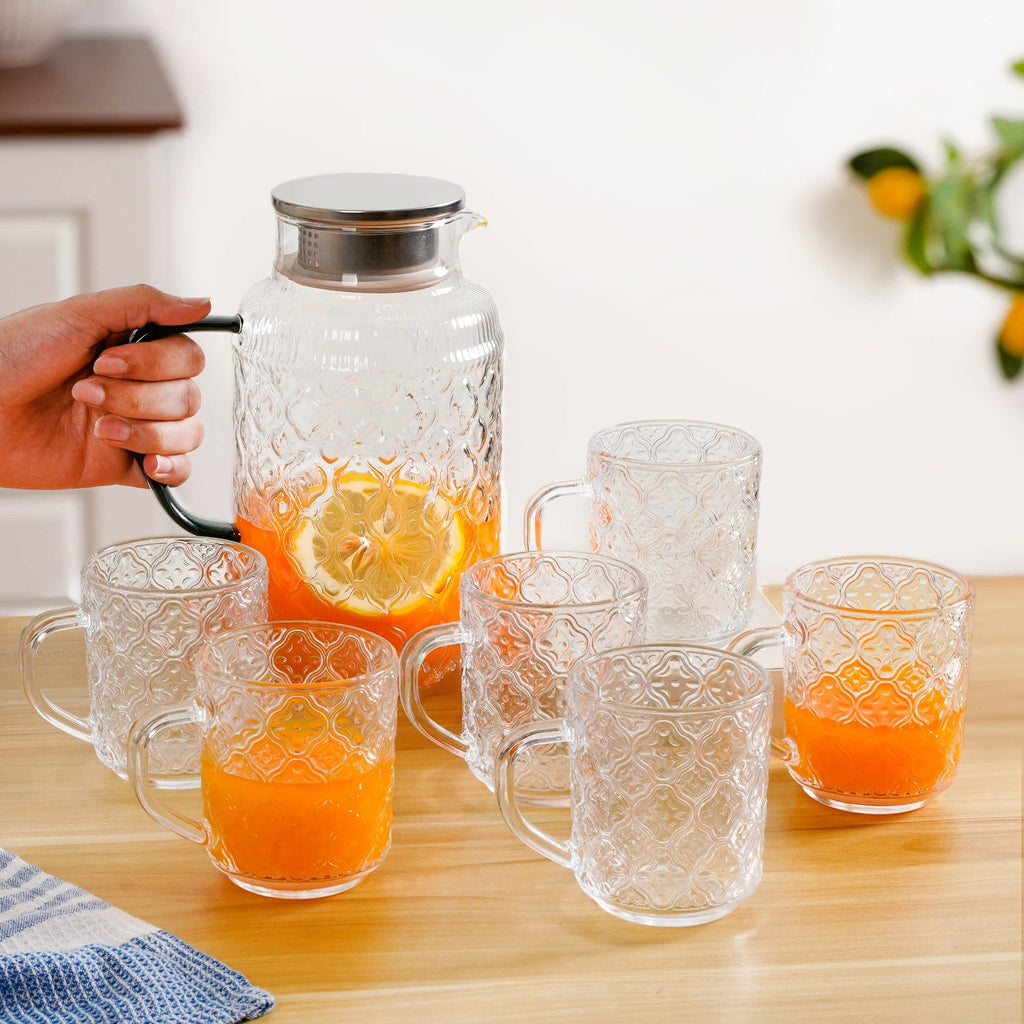 Embossed Glass Pitcher And Mug Set Of 7