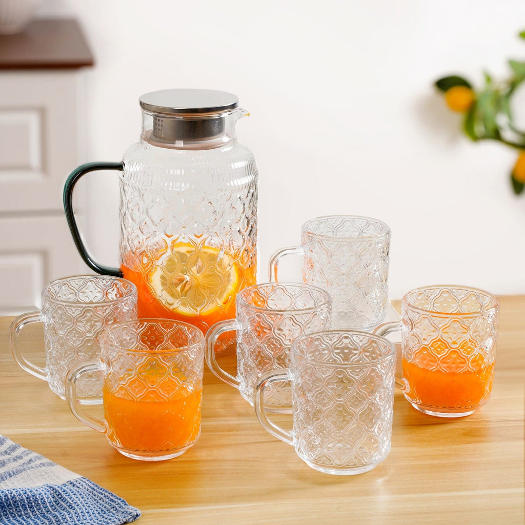 Embossed Glass Pitcher And Mug Set Of 7