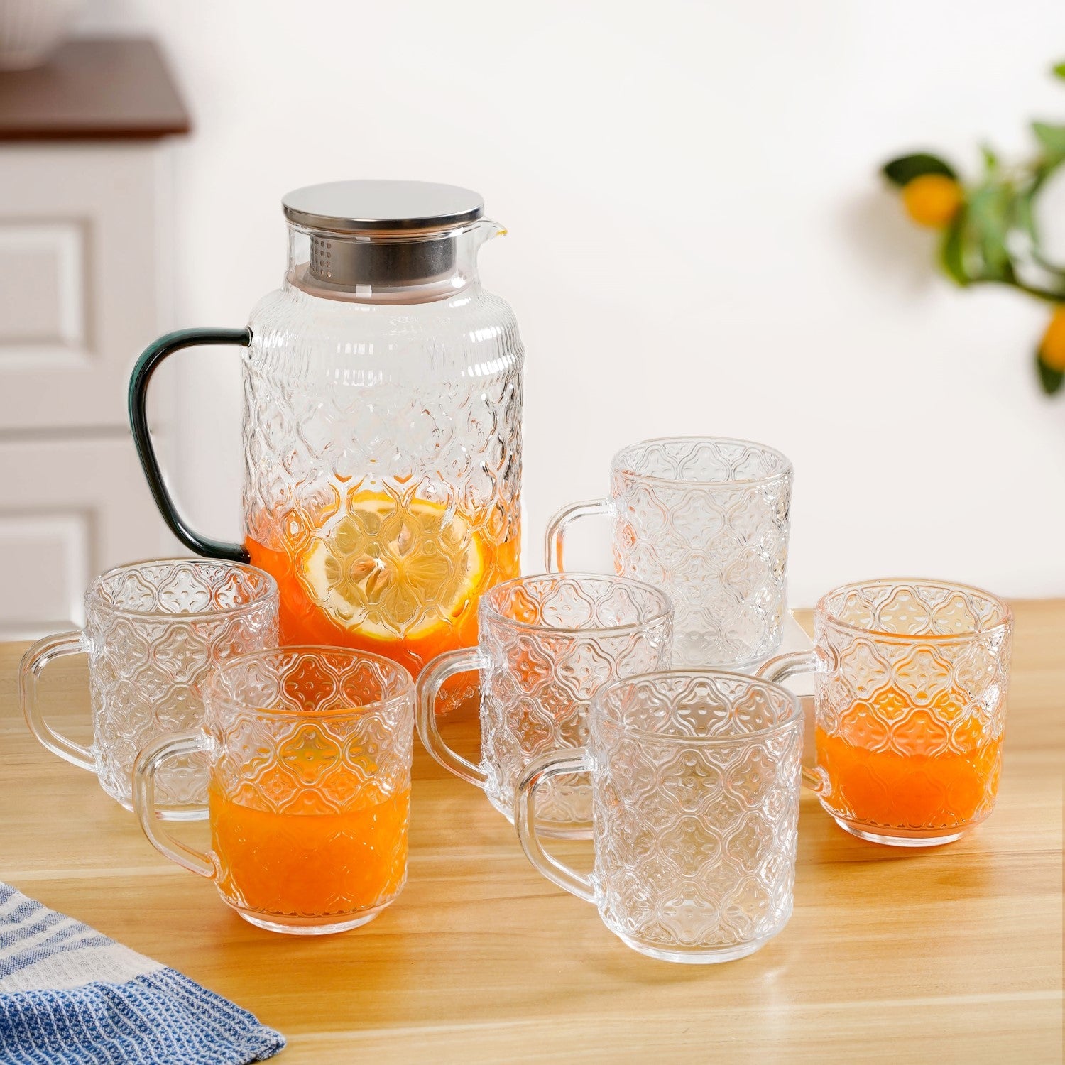 Embossed Glass Pitcher And Mug Set Of 7