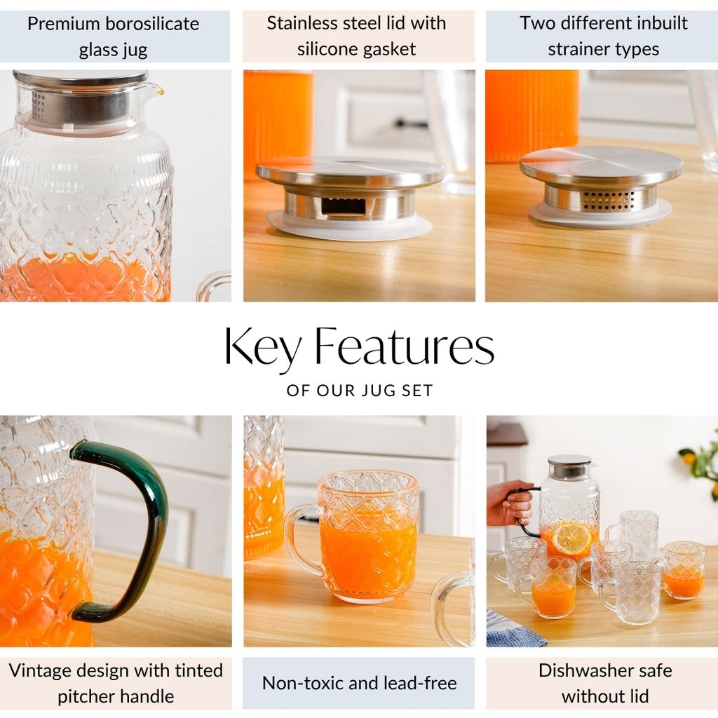 Embossed Glass Pitcher And Mug Set Of 7