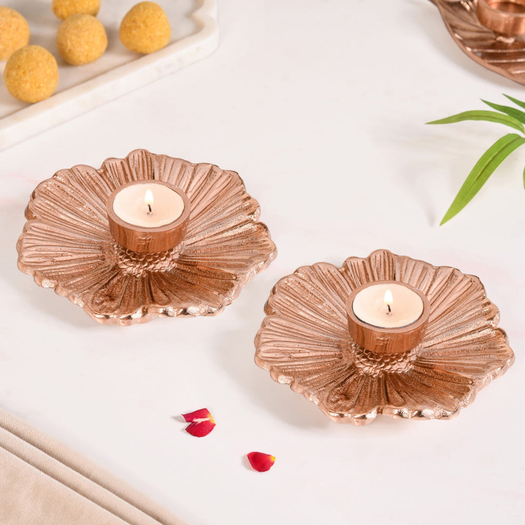 Rose Gold Tealight Candle Holder Set Of 2 In Festive Gift Box