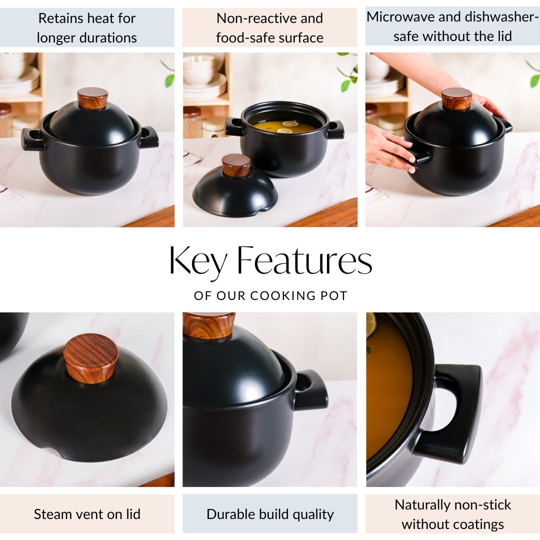 Claymist Black Cooking Pot With Lid 2800ml