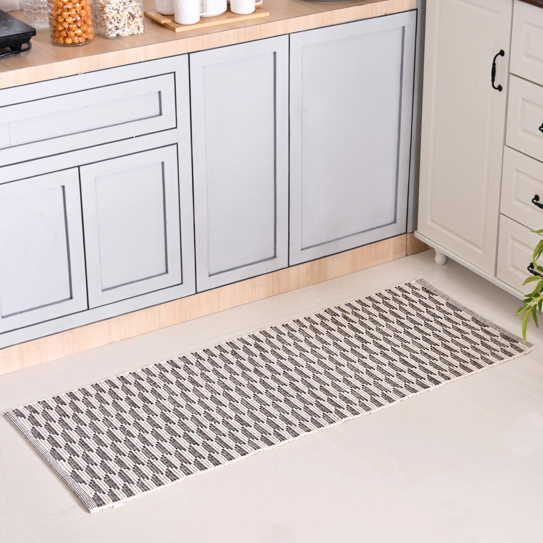 Boho Weave Floor Runner Cotton Mat Brown White 134x50cm