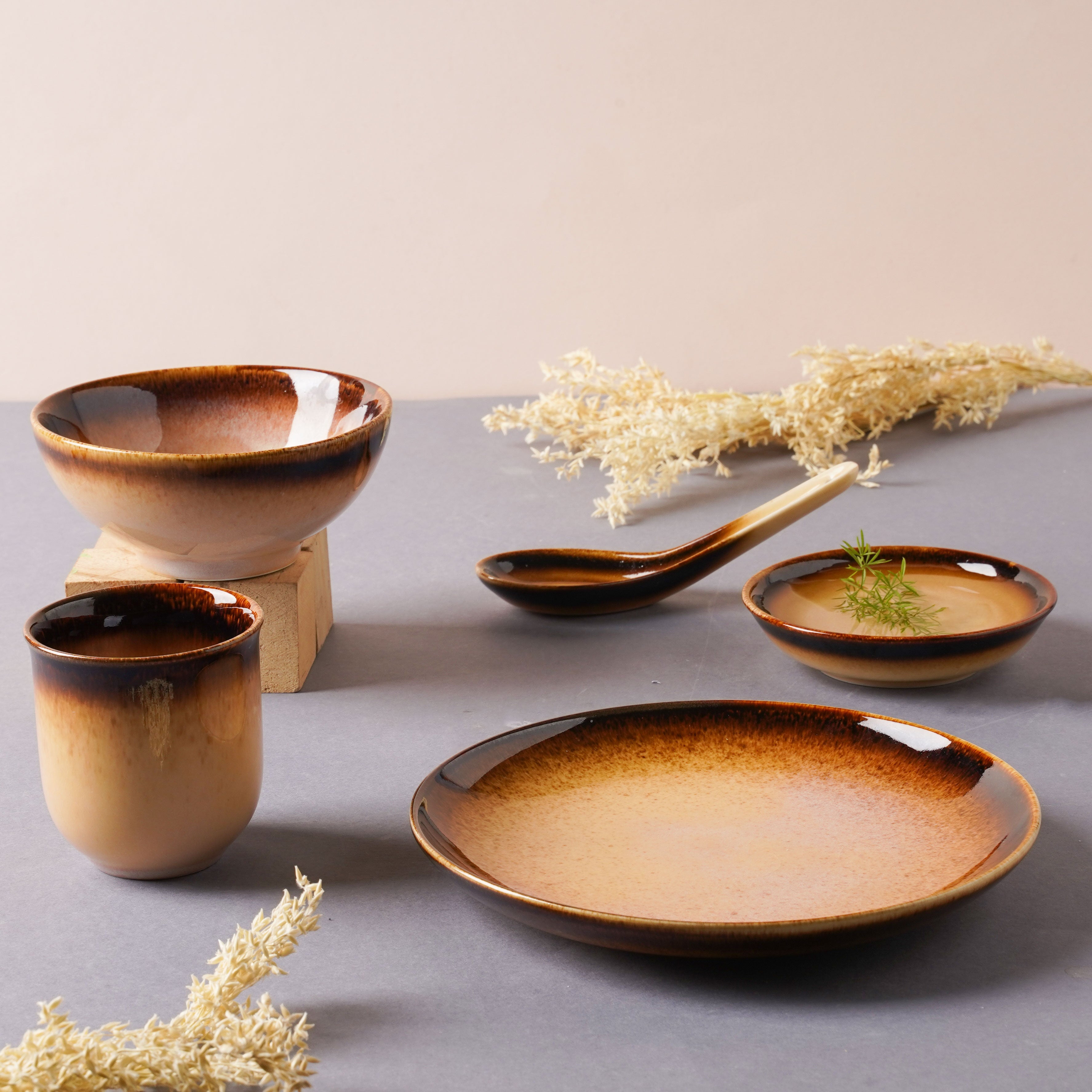 Brown Ceramic dinner set components For One