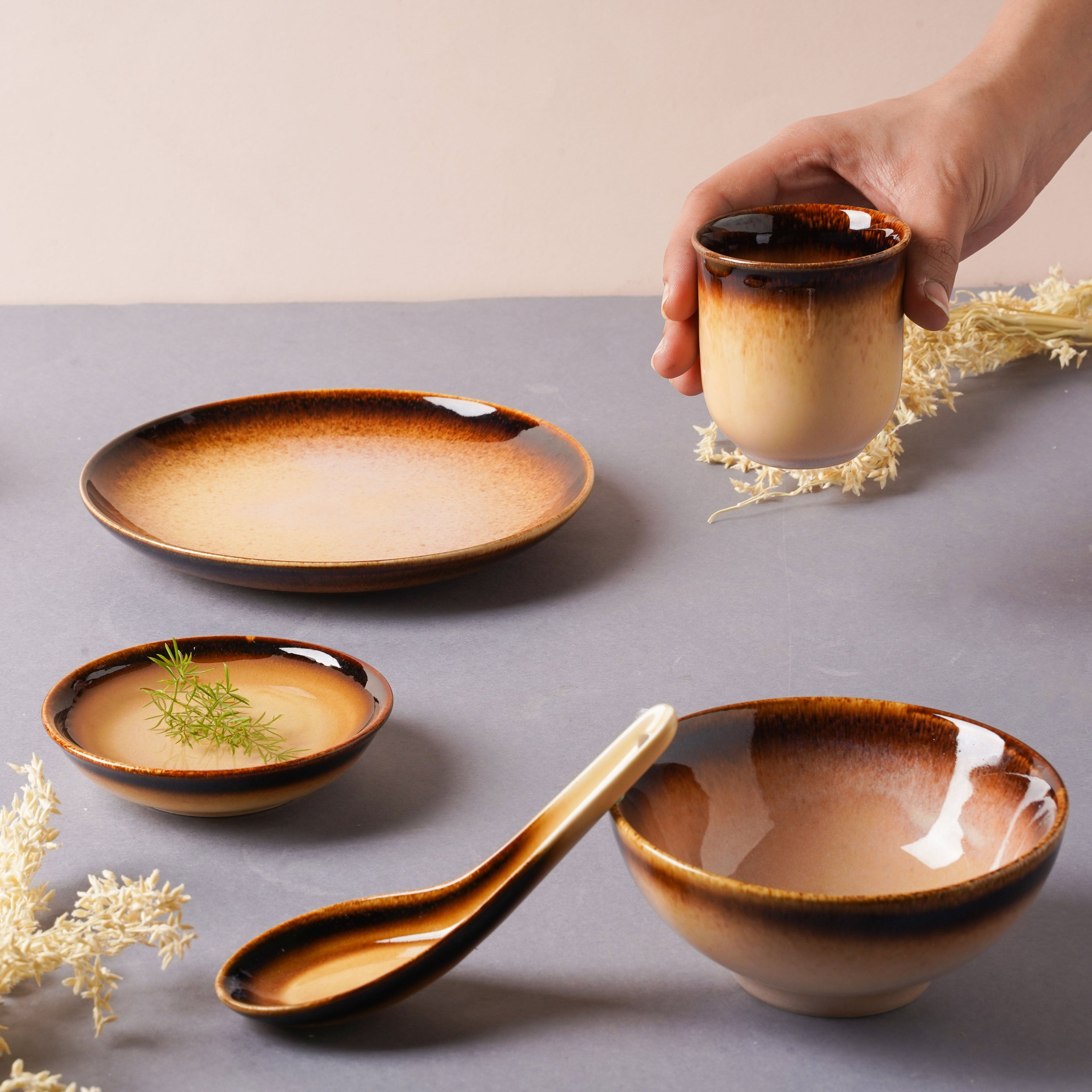 Brown Ceramic dinner set components For One