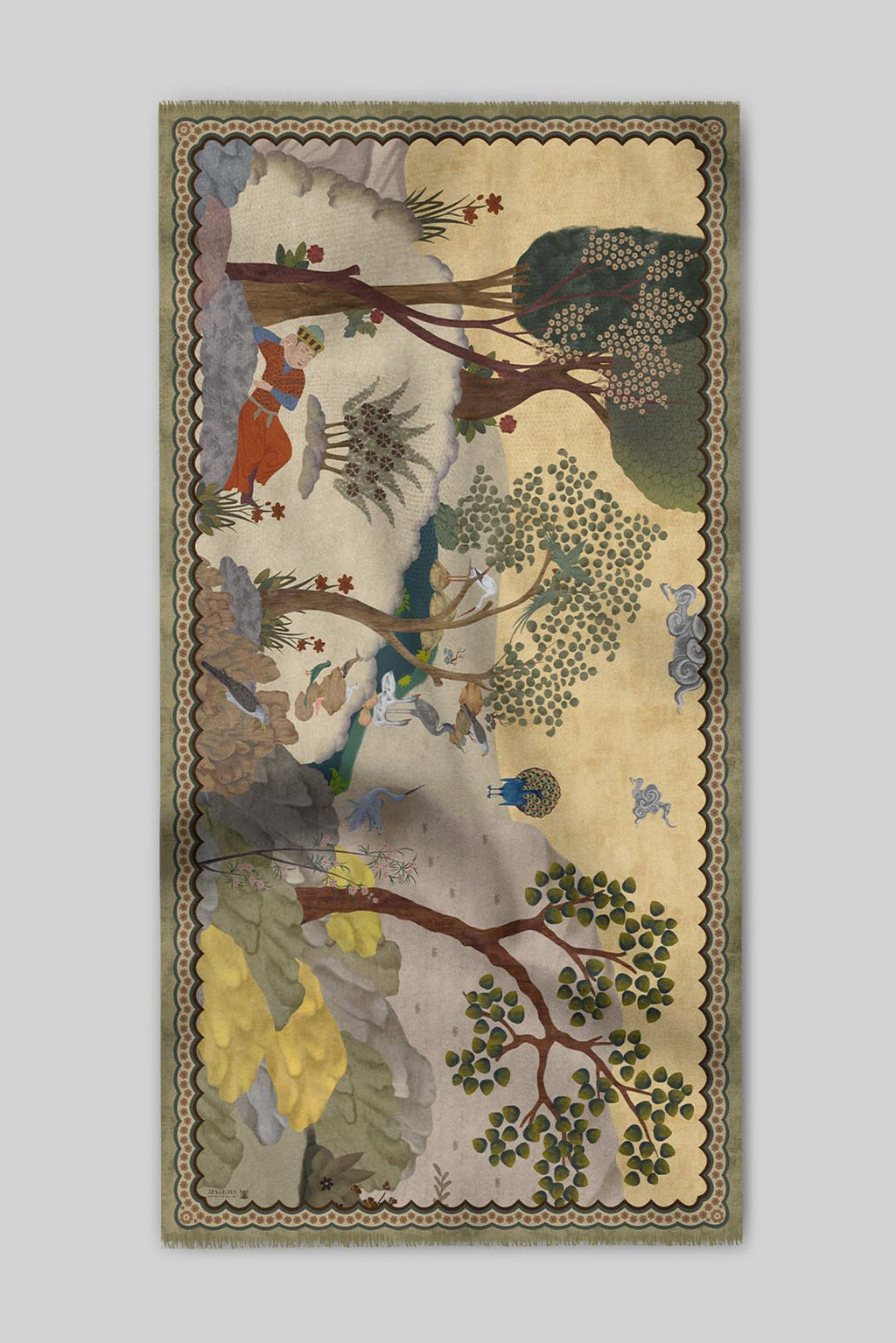 Crème Ivory - Olive Green Cashmere Shawl