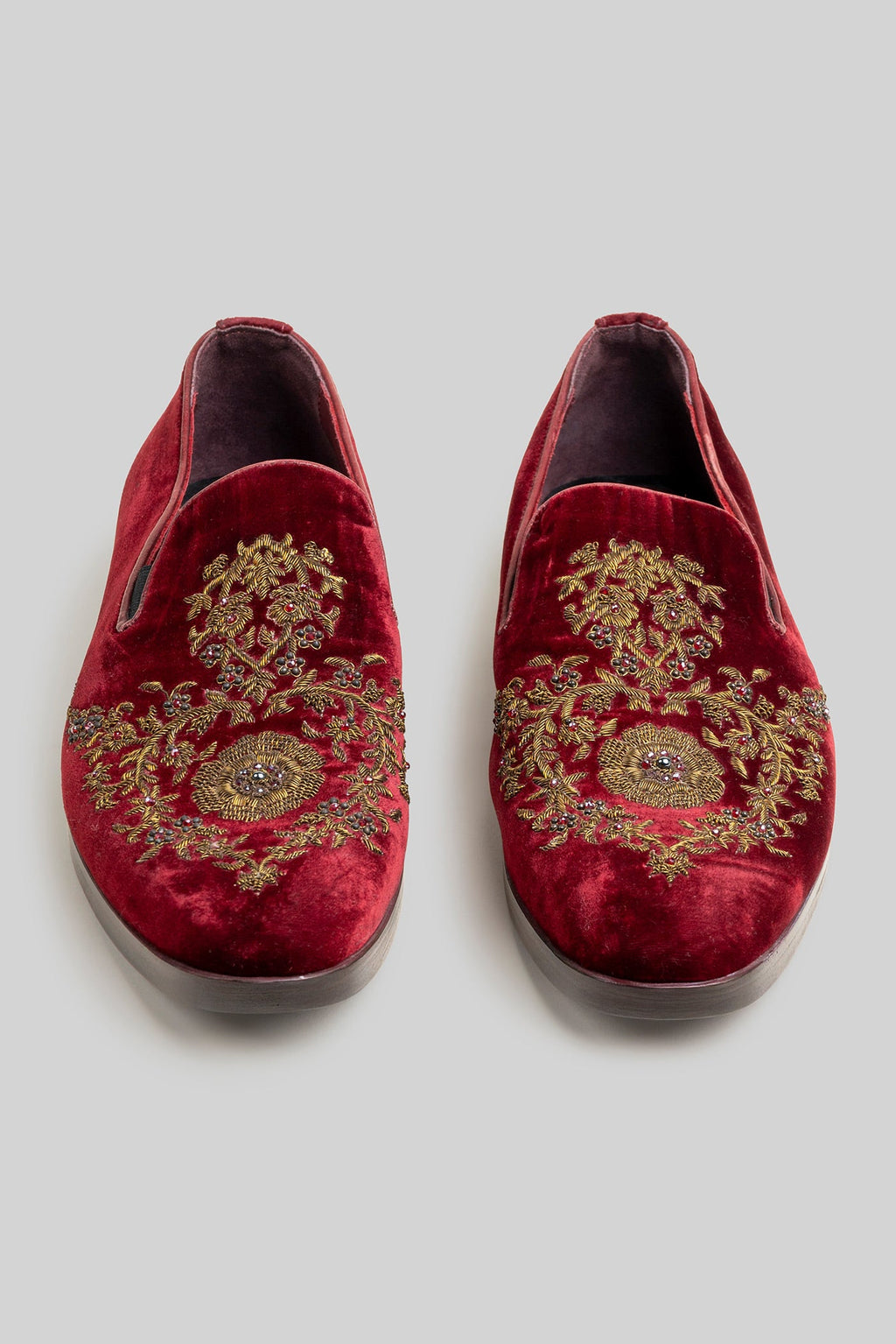 Burgundy Embroidered Velvet Loafers