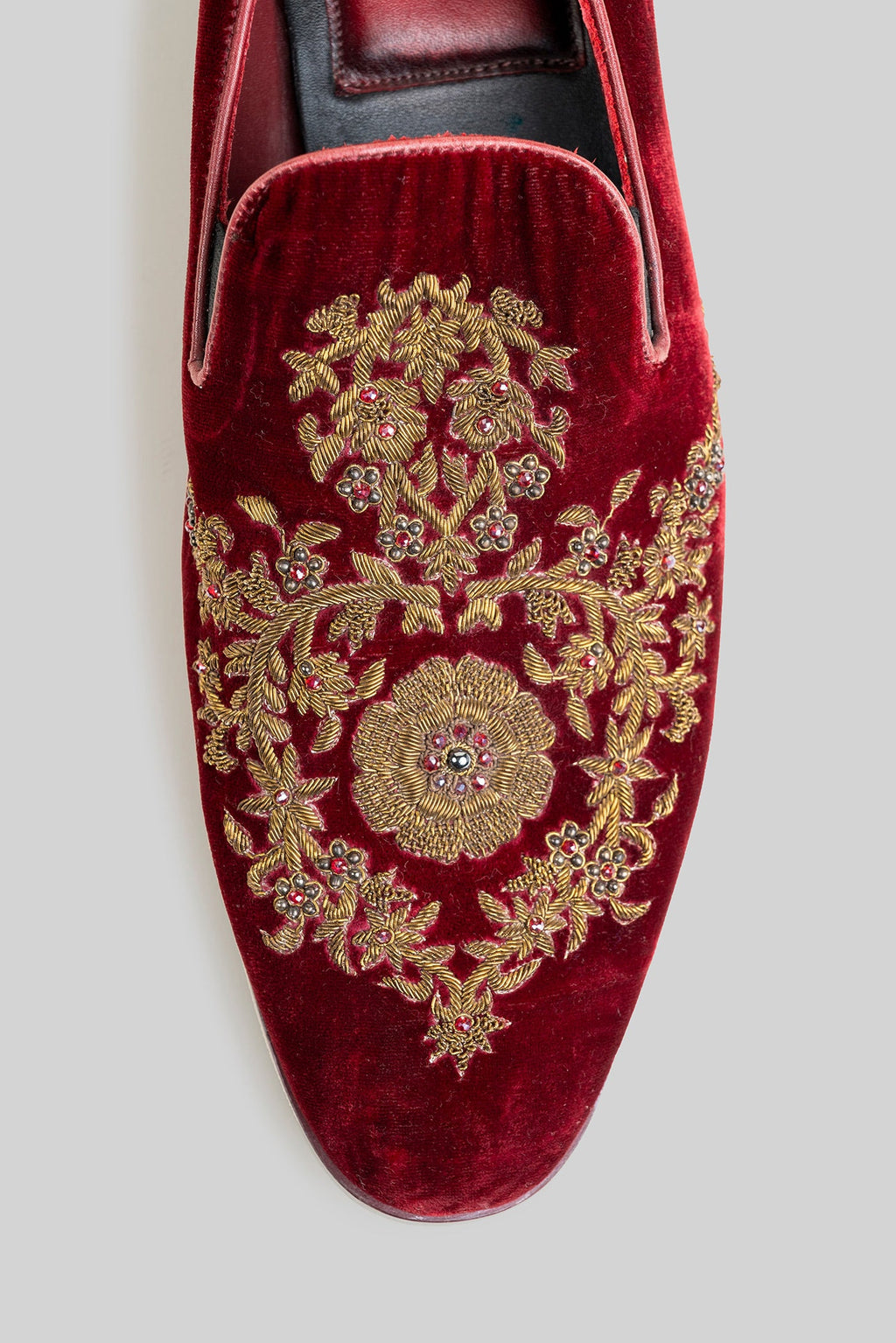 Burgundy Embroidered Velvet Loafers