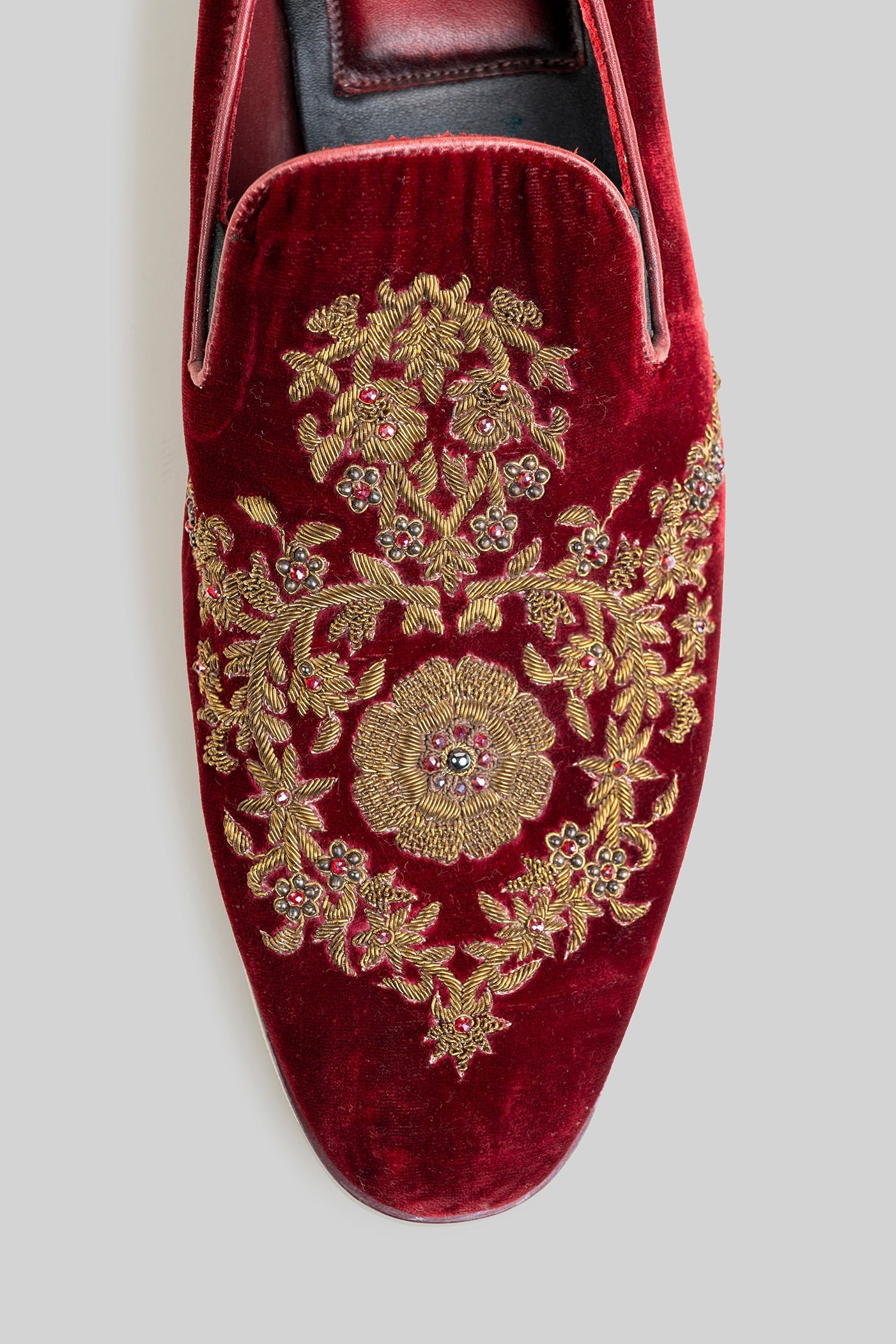 Burgundy Embroidered Velvet Loafers