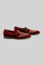 Burgundy Embroidered Velvet Loafers