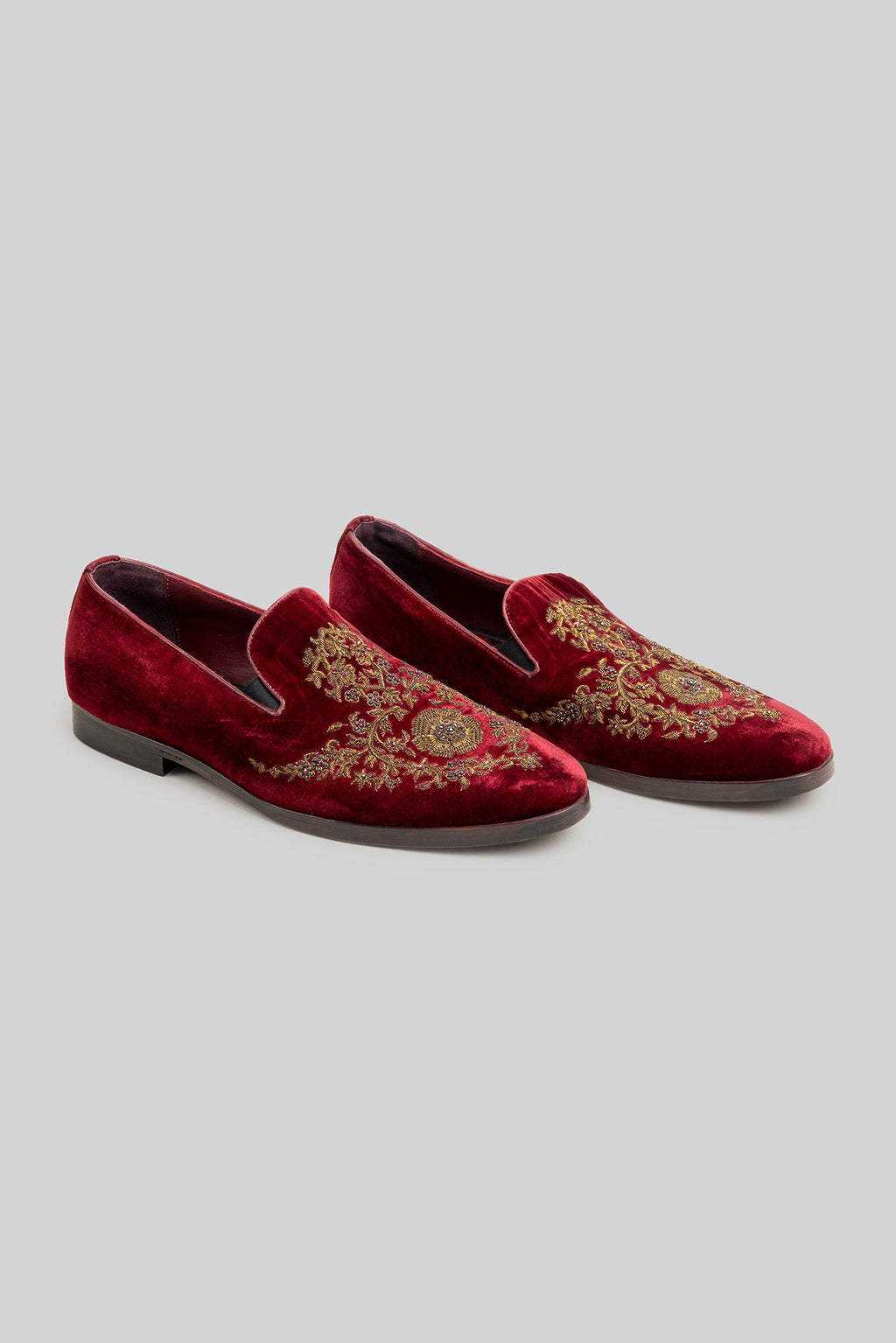 Burgundy Embroidered Velvet Loafers