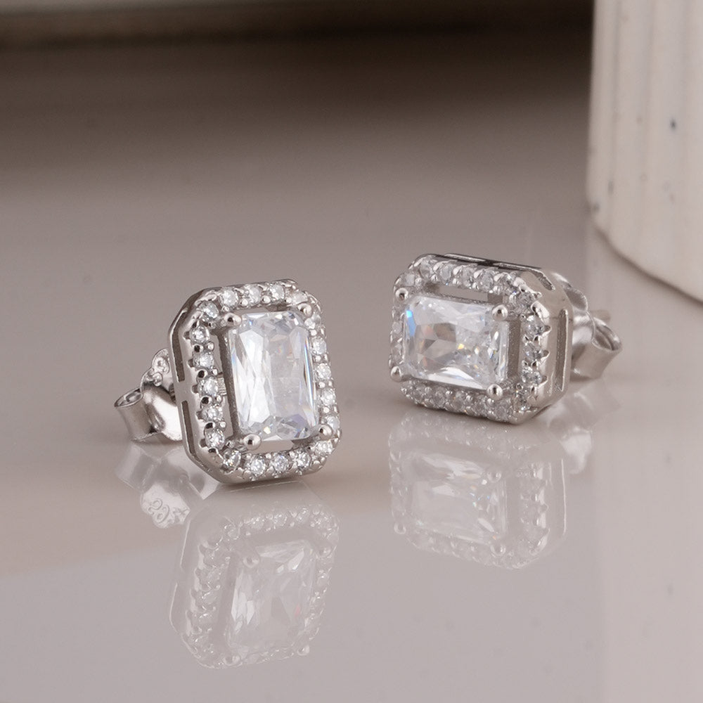 Emerald Cut Crystal 925 Sterling Silver Stud Earrings