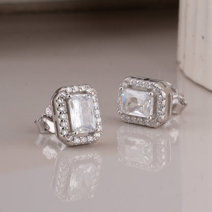 Emerald Cut Crystal 925 Sterling Silver Stud Earrings