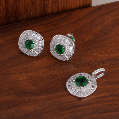 Green Crystal Halo 925 Sterling Silver Pendant Earring Set
