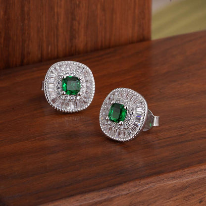 Green Crystal Halo 925 Sterling Silver Pendant Earring Set
