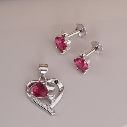 Red Heart 925 Sterling Silver Pendant Earrings Set