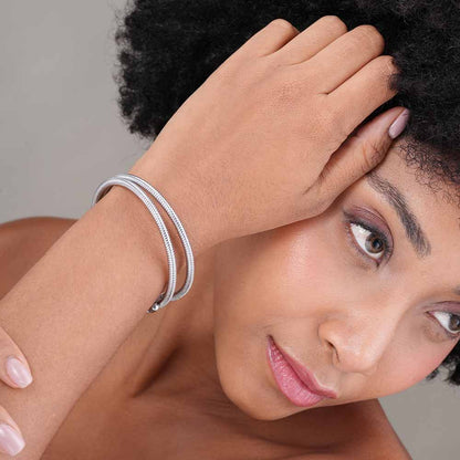 Ribbed Silver Coiled Bangle Bracelet