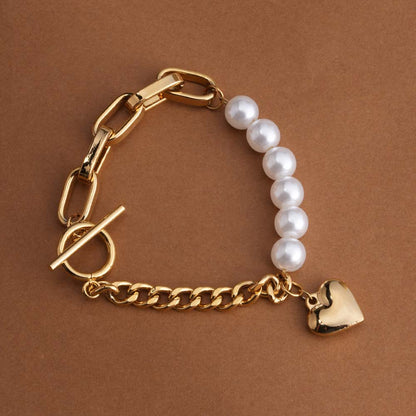 Pearl & Chain Link Heart Bracelet