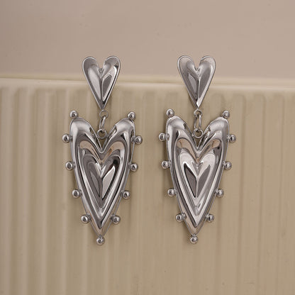 Silver Double Heart Drop Earrings
