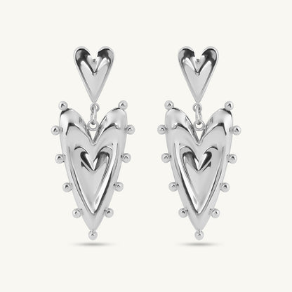 Silver Double Heart Drop Earrings
