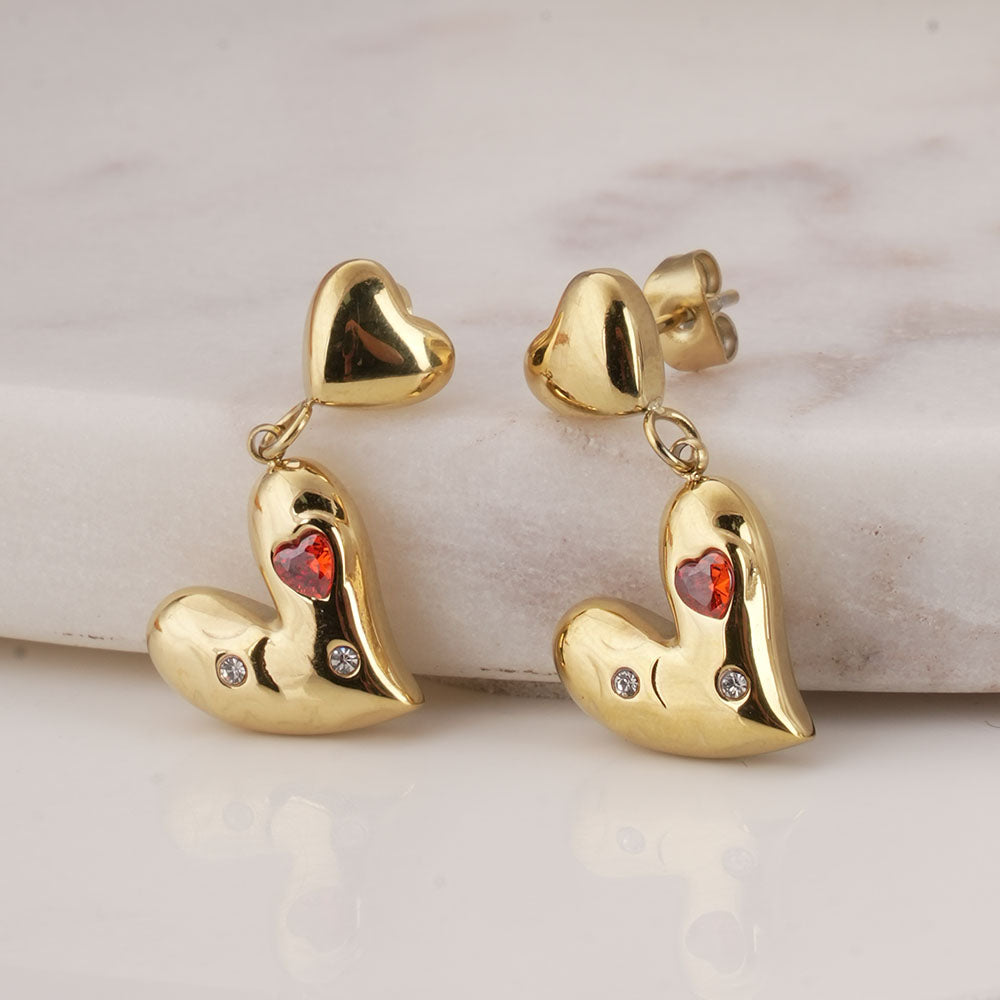 Dual Heart CZ Drop Earrings