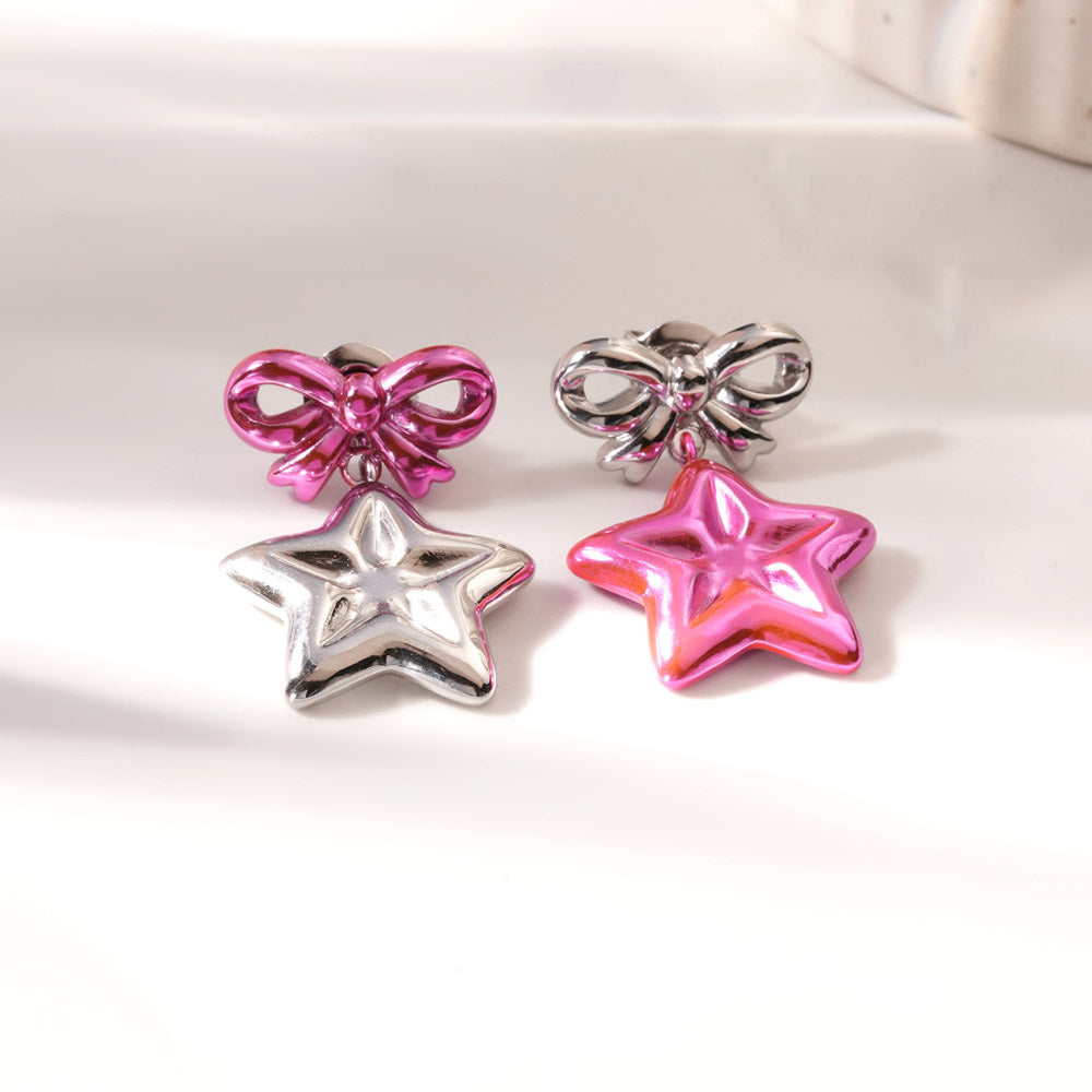 Cute Pink Bow & Star Drop Earrings
