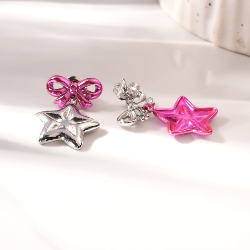 Cute Pink Bow & Star Drop Earrings