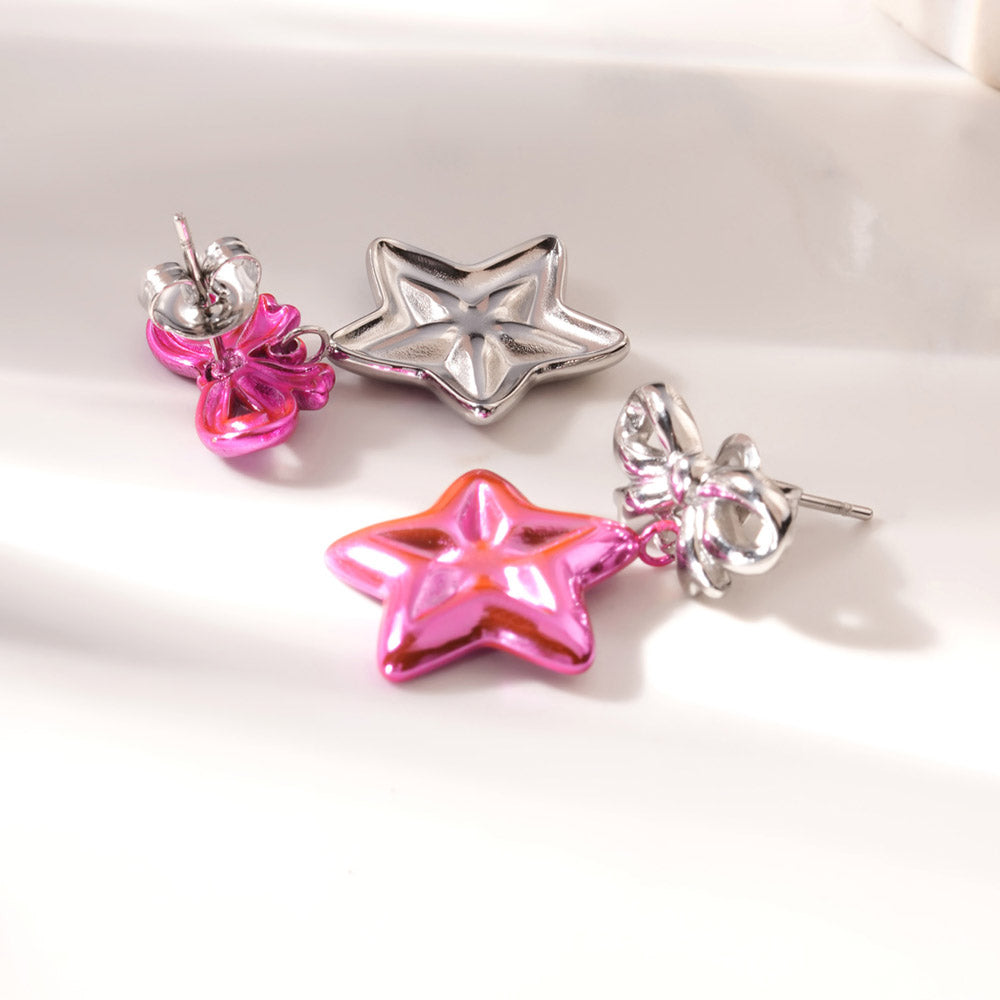Cute Pink Bow & Star Drop Earrings